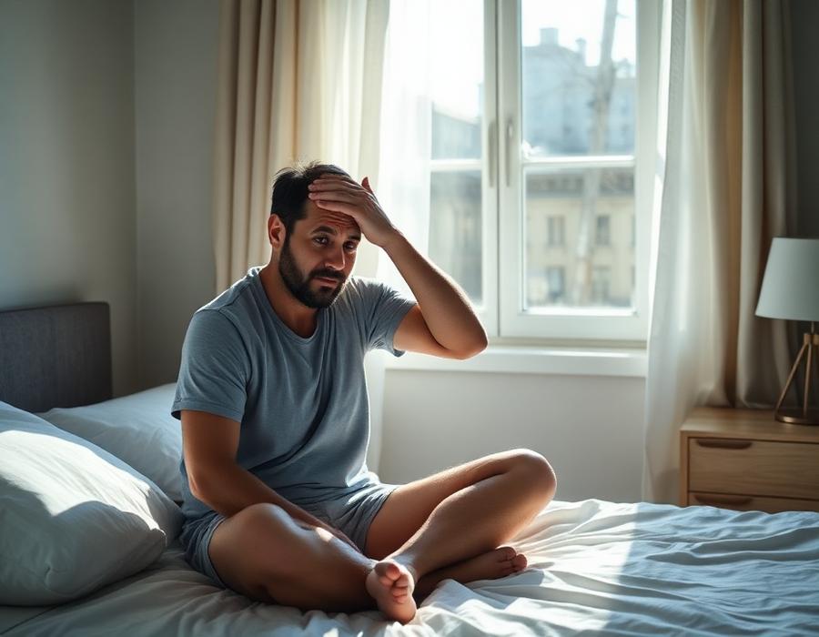 Homme épuisé assis sur son lit au réveil